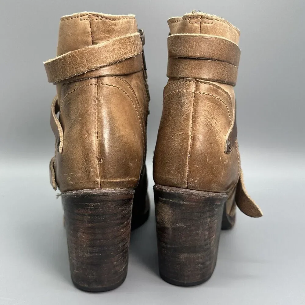 Freebird Gem Womens 6 Brown Tan Zip Leather Ankle Boots Booties Strap Block Heel